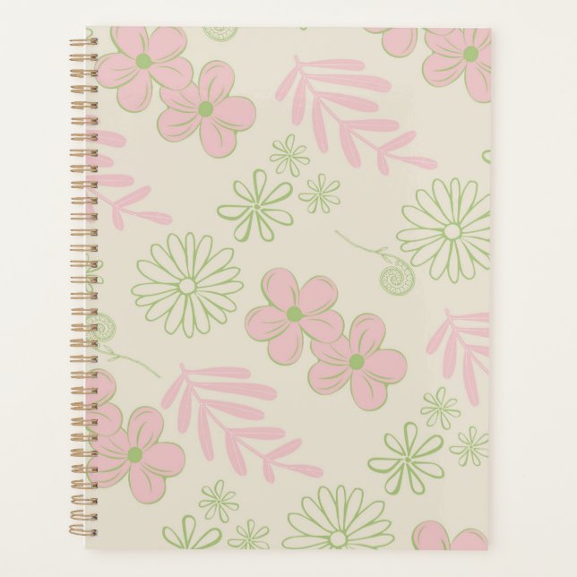 Green Pink Beige Retro Y2K 70s Flower Pattern Planner (Front)