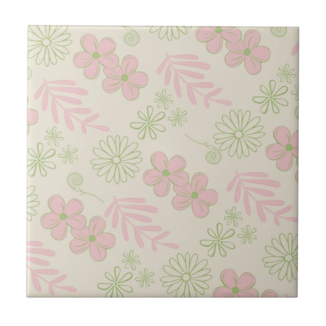 Green Pink Beige Retro Y2K 70s Flower Pattern Tile (Front)