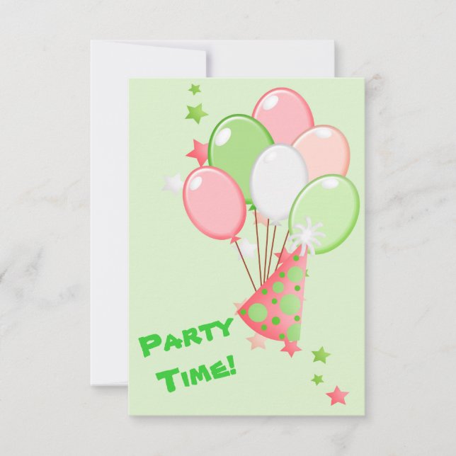Green Pink Birthday Balloons Party Invitation (Front)