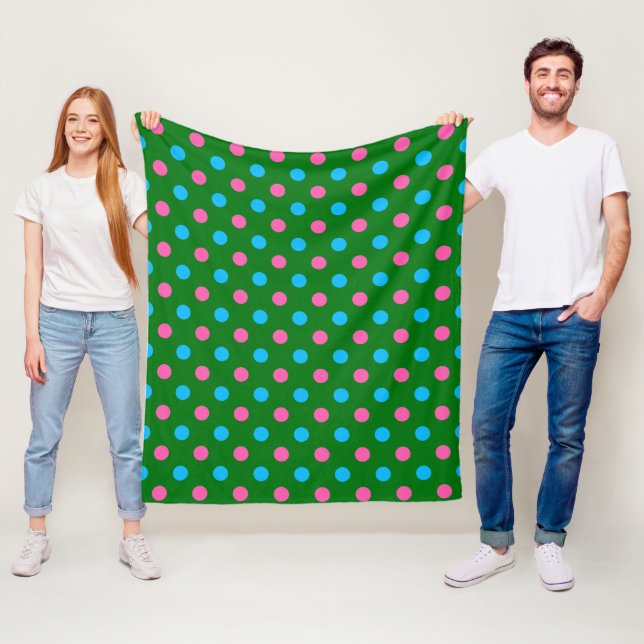 Green Pink Blue Polka Dot Pattern Fleece Blanket (In Situ)