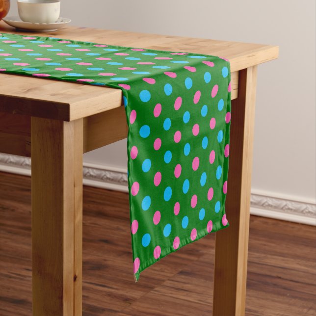 Green Pink Blue Polka Dot Pattern Short Table Runner (In Situ)