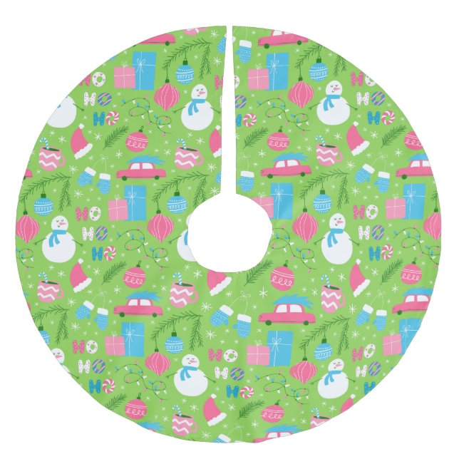 Green Pink Blue Snowmen Ornament Christmas Holiday Brushed Polyester Tree Skirt (Front)