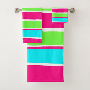 Green Pink Blue Stripes  Bath Towel Set