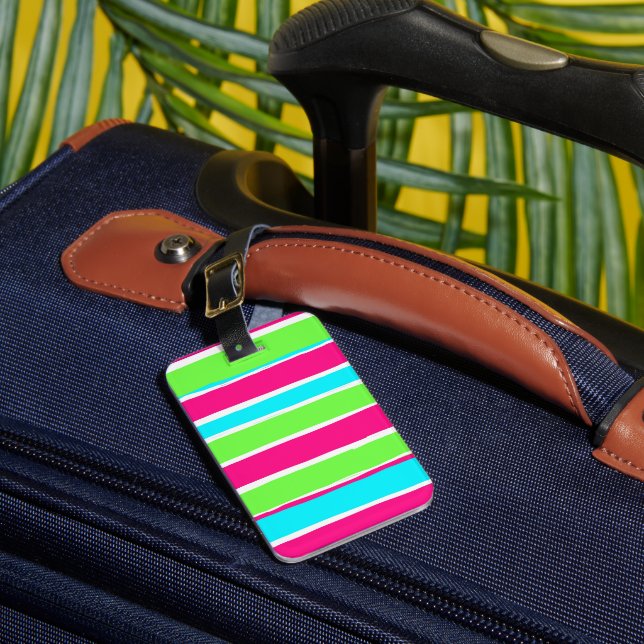 Green Pink Blue Stripes  Luggage Tag (Front Insitu 1)