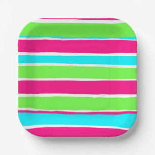 Green Pink Blue Stripes  Paper Plate