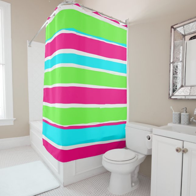 Green Pink Blue Stripes  Shower Curtain (In Situ)