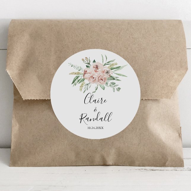  Green Pink Blush Floral Wedding   Classic Round Sticker (Creator Uploaded)