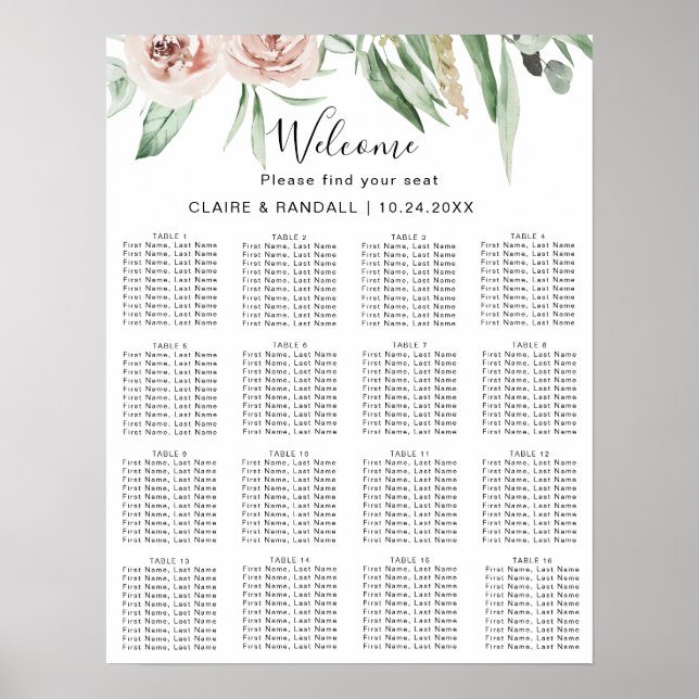 Green Pink Blush Floral Wedding Seating Chart (Front)