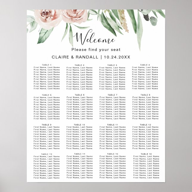 Green Pink Blush Floral Wedding Seating Chart (Front)