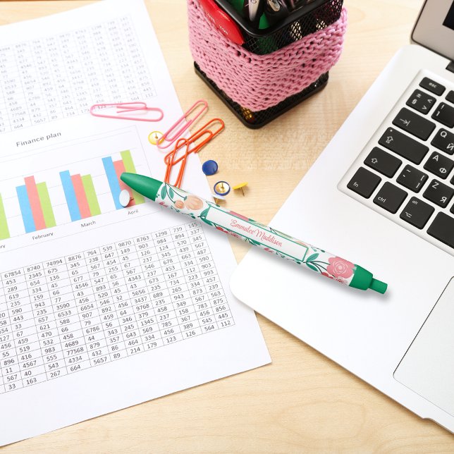 Green Pink Bohemian Floral Ditsy Monogrammed Blue Ink Pen (Creator Uploaded)