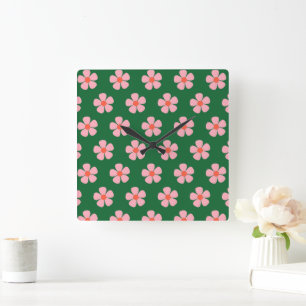 Green Pink Bold Y2K Wildflower Vibrant Home Decor Square Wall Clock