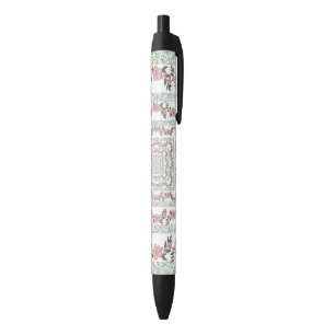 Green Pink Border Retro Y2K 70s Flower Pattern Black Ink Pen