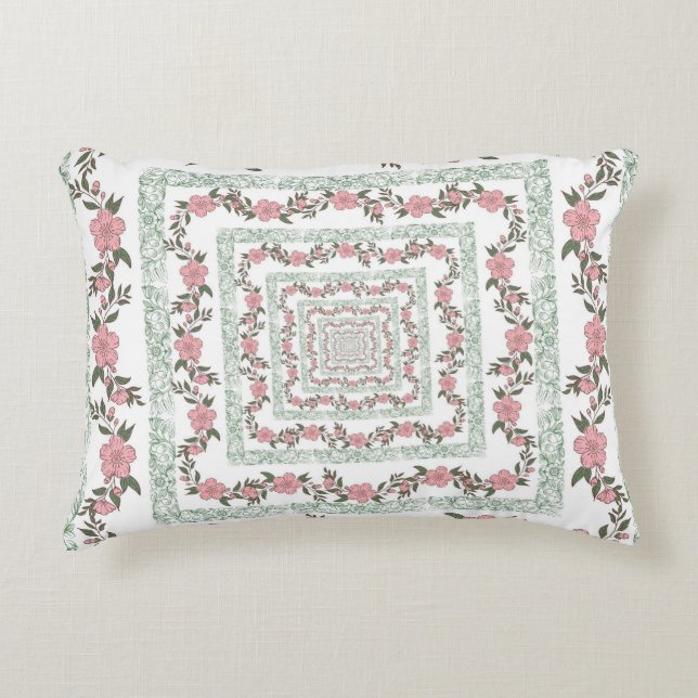 Green Pink Border Retro Y2K 70s Flower Pattern Decorative Cushion (Front)
