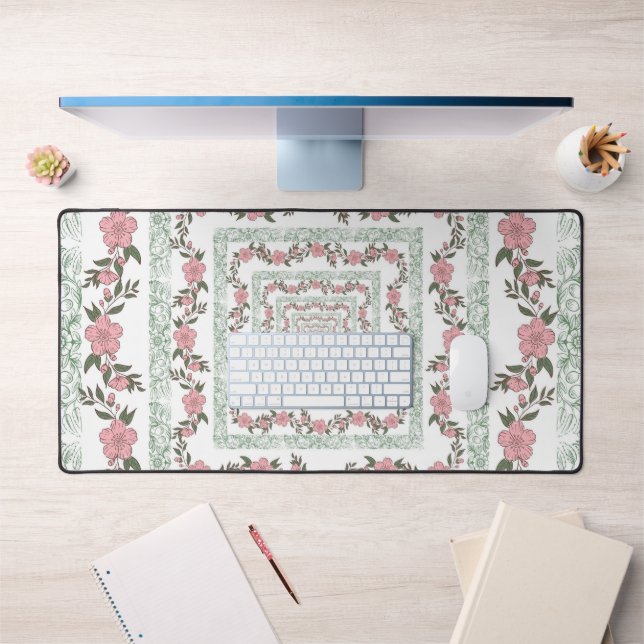 Green Pink Border Retro Y2K 70s Flower Pattern Desk Mat (Office 1)