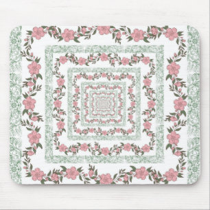 Green Pink Border Retro Y2K 70s Flower Pattern Mouse Pad