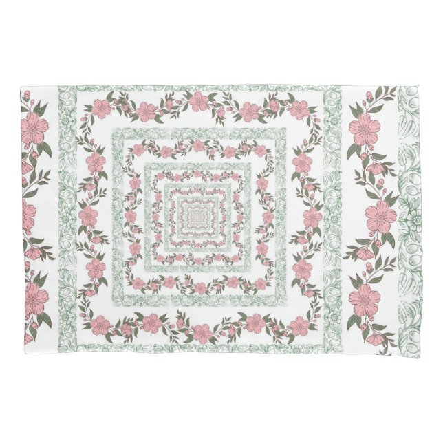 Green Pink Border Retro Y2K 70s Flower Pattern Pillowcase (Front)