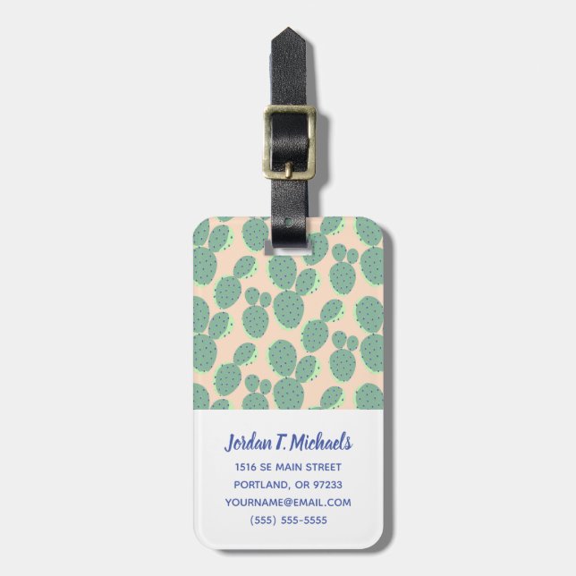 Green & Pink Cactus Pattern Luggage Tag (Front Vertical)