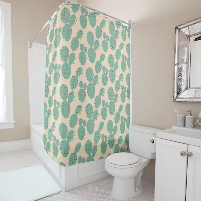 Green & Pink Cactus Pattern Shower Curtain (In Situ)