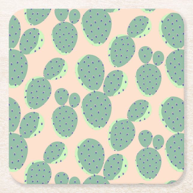 Green & Pink Cactus Pattern Square Paper Coaster (Front)