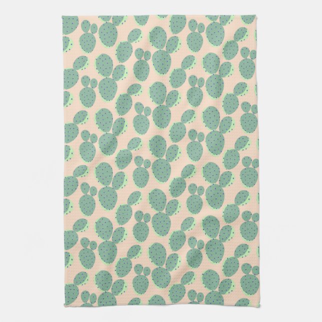 Green & Pink Cactus Pattern Tea Towel (Vertical)
