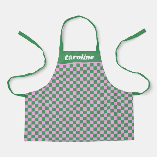  Green Pink Checkered Retro Personalized Name Apron (Front)