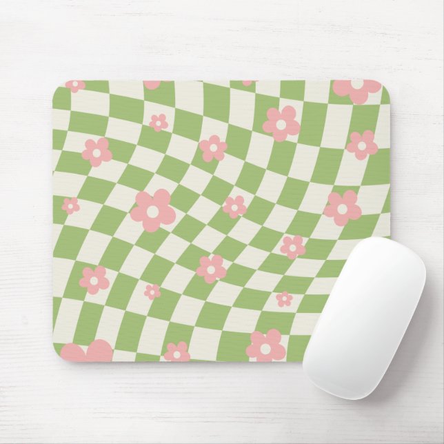 Green Pink Chequered Floral Mouse Pad (With Mouse)