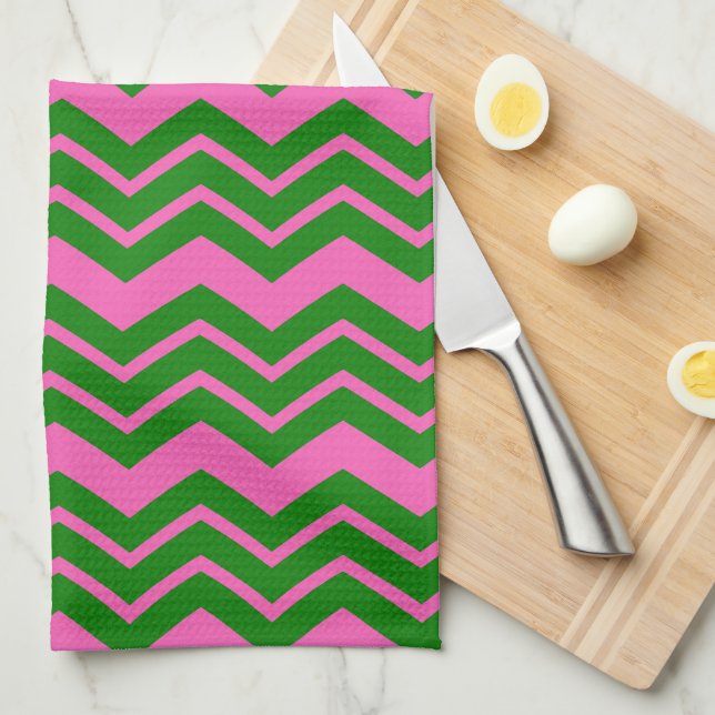 Green Pink Chevron Zigzag Design  Tea Towel (Quarter Fold)