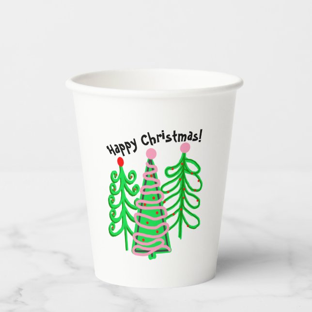 Green Pink Christmas Trees Paper Cups (Front)