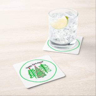 Green Pink Christmas Trees Square Paper Coaster