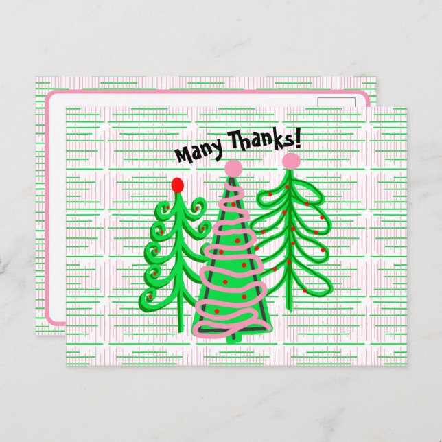 Green Pink Christmas Trees Thank you Postcard (Front/Back)