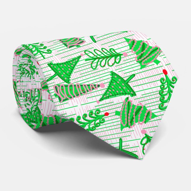 Green Pink Christmas Trees  Tie (Rolled)
