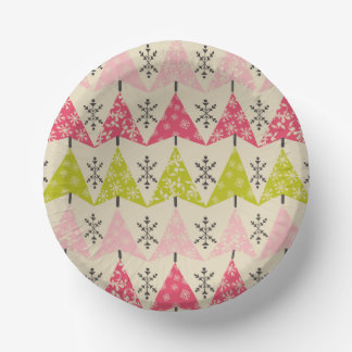 Green & pink Christmas trees with snowflakes Paper Plate