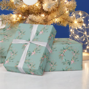 Green Pink Christmas Wreath Wrapping Paper
