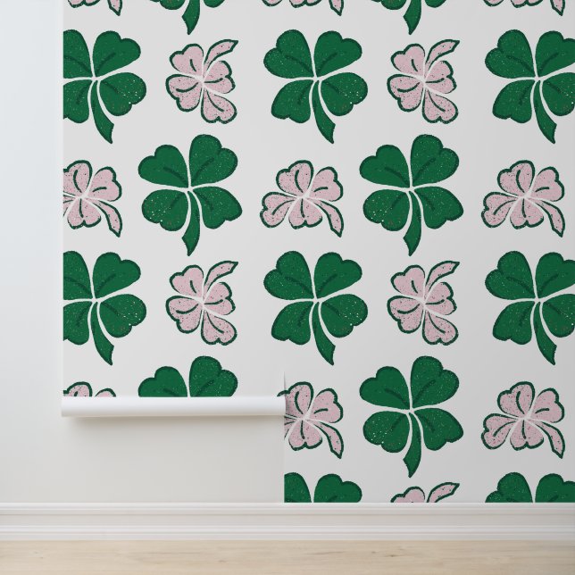 Green Pink Clover Shamrock Hand Drawn Pattern Wallpaper (Application)