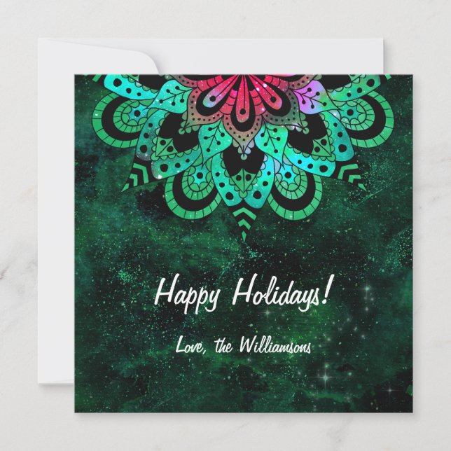 Green Pink Cosmic Mandala Christmas Holiday Card (Front)