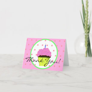 Green Pink Cupcake Polka Dots Birthday Thank You Card