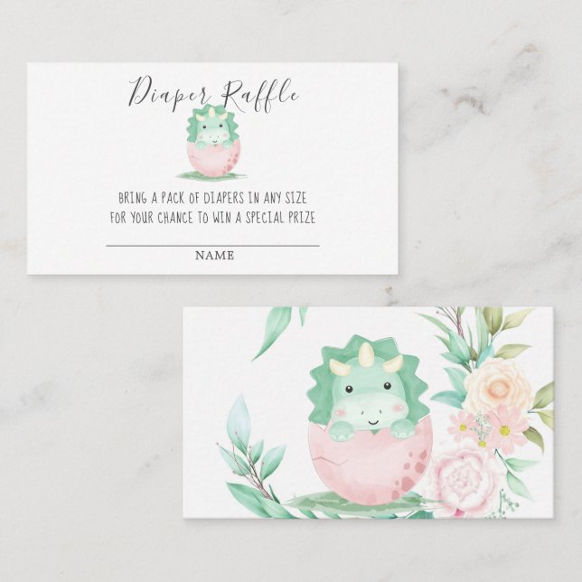Green Pink Cute Dinosaur Diaper Raffle Baby Shower Business Card (Front/Back)