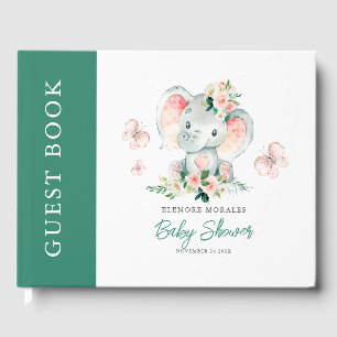 Green Pink Cute Floral Elephant Frame Baby Shower Guest Book