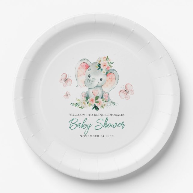 Green Pink Cute Floral Elephant Frame Baby Shower Paper Plate (Front)