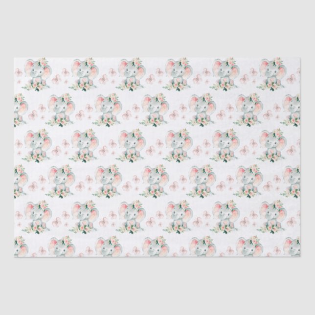 Green Pink Cute Floral Elephant Frame Baby Shower Tissue Paper (Front)