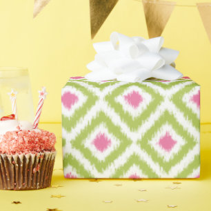 Green Pink Diamonds Ikat Pattern Wrapping Paper