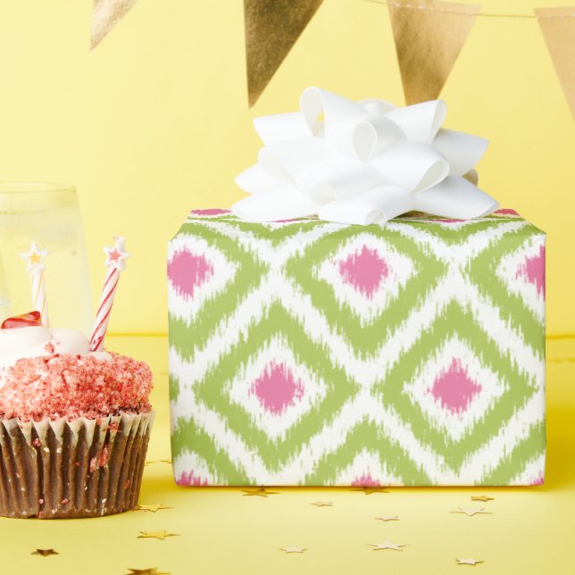 Green Pink Diamonds Ikat Pattern Wrapping Paper (Birthday Party)