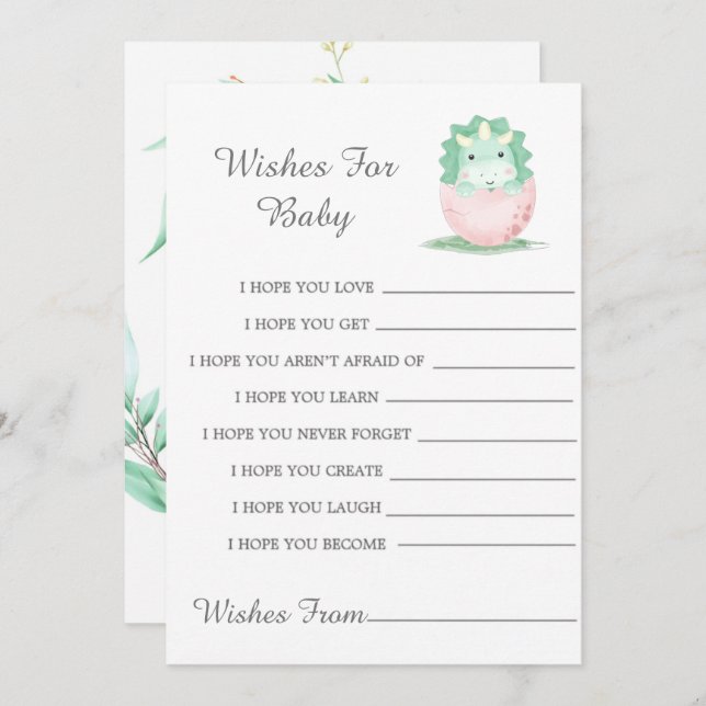 Green Pink Dinosaur Peony Wishes For Baby Card (Front/Back)