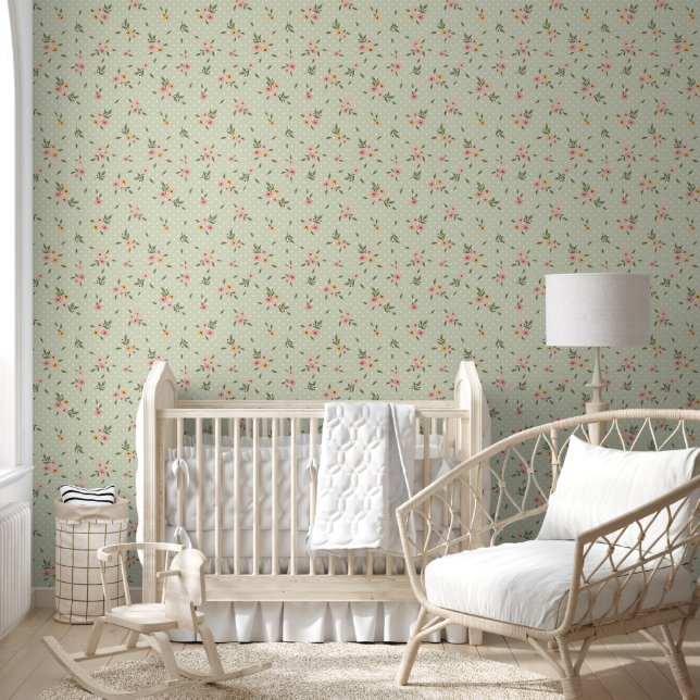 Green Pink Dot Floral Wallpaper (Kids)