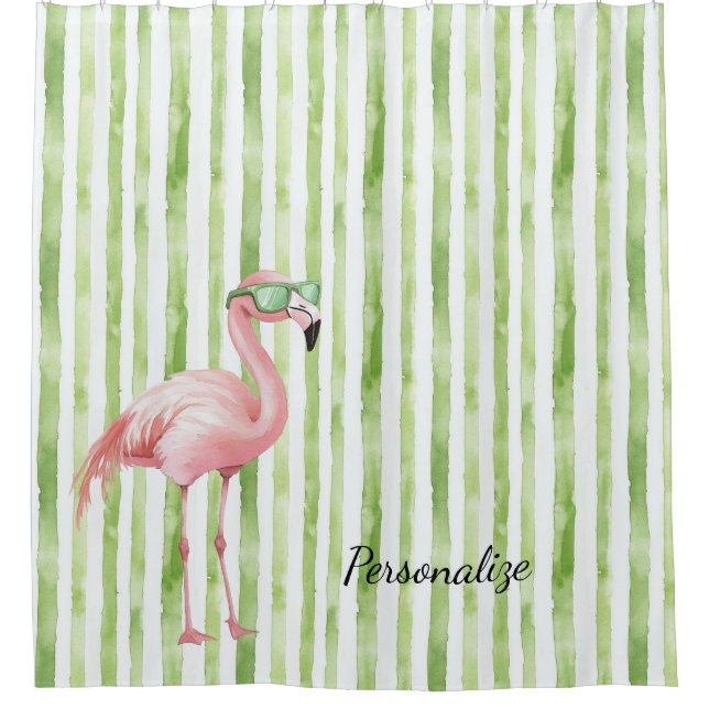 Green Pink Flamingo   Shower Curtain (Front)