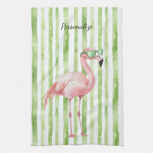 Green Pink Flamingo   Tea Towel