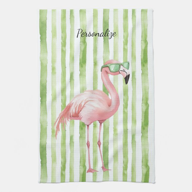 Green Pink Flamingo   Tea Towel (Vertical)