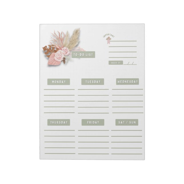 Green Pink Floral Boho Weekly Planner Calender Notepad (Rotated)