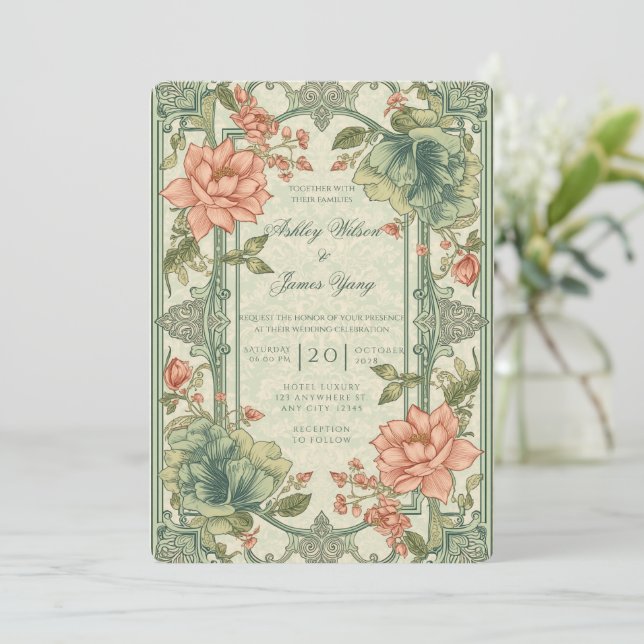 Green Pink Floral Botanical Wedding Invitation (Standing Front)