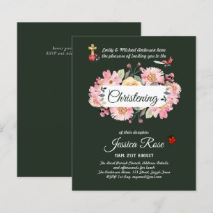 Green Pink Floral Christening Invites Baptism 